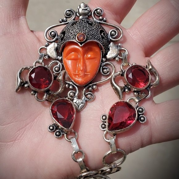 New Carved Goddess Face Multi Gemstone 925 Silver Bracelet. - Picture 7 of 15